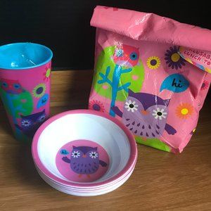 (NEW) Owl Themed Lunch Tote, Cup and Bowls